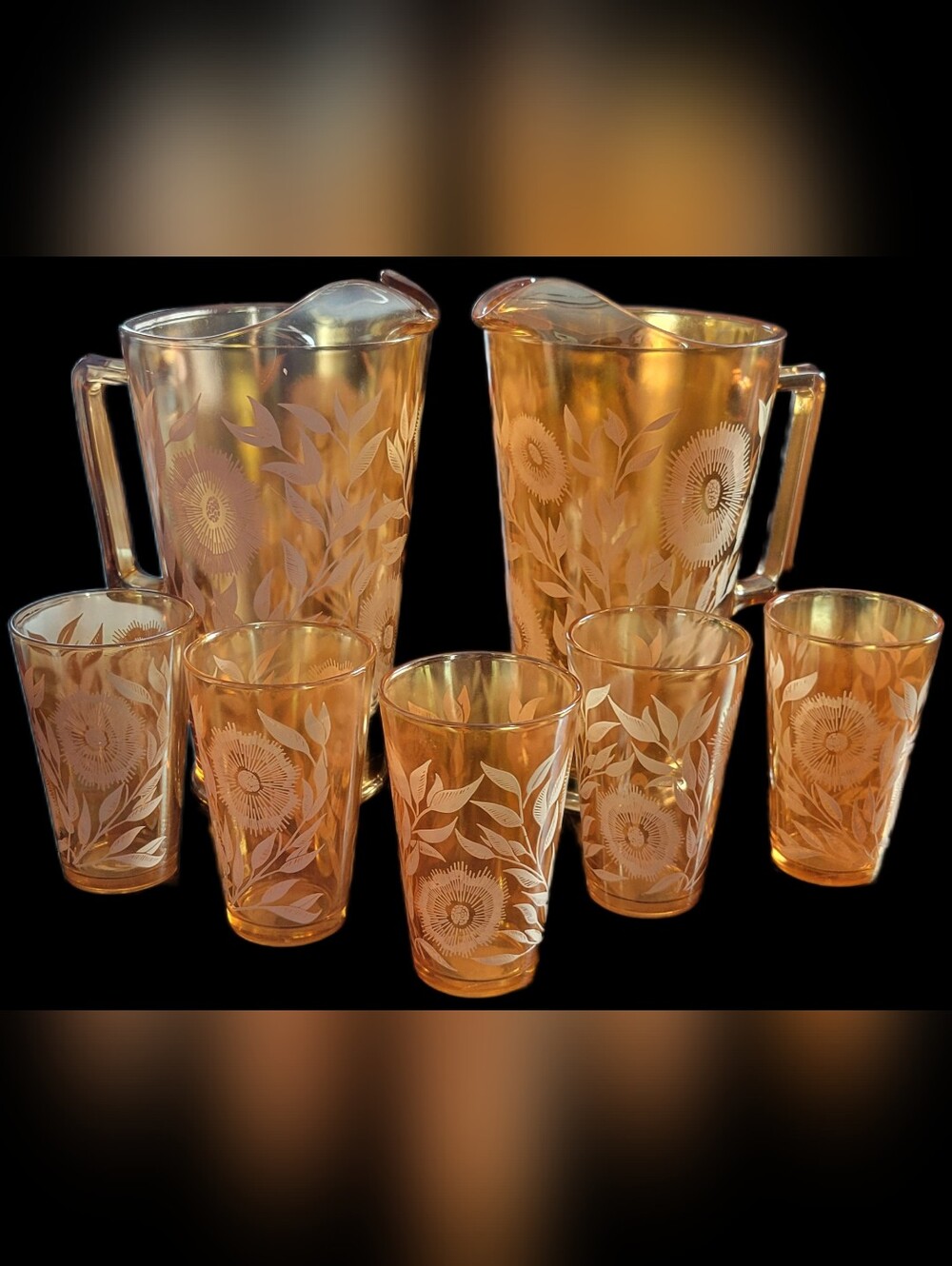 Vintage Jeanette MARIGOLD Iridescent 2 PITCHER Drinkware Set